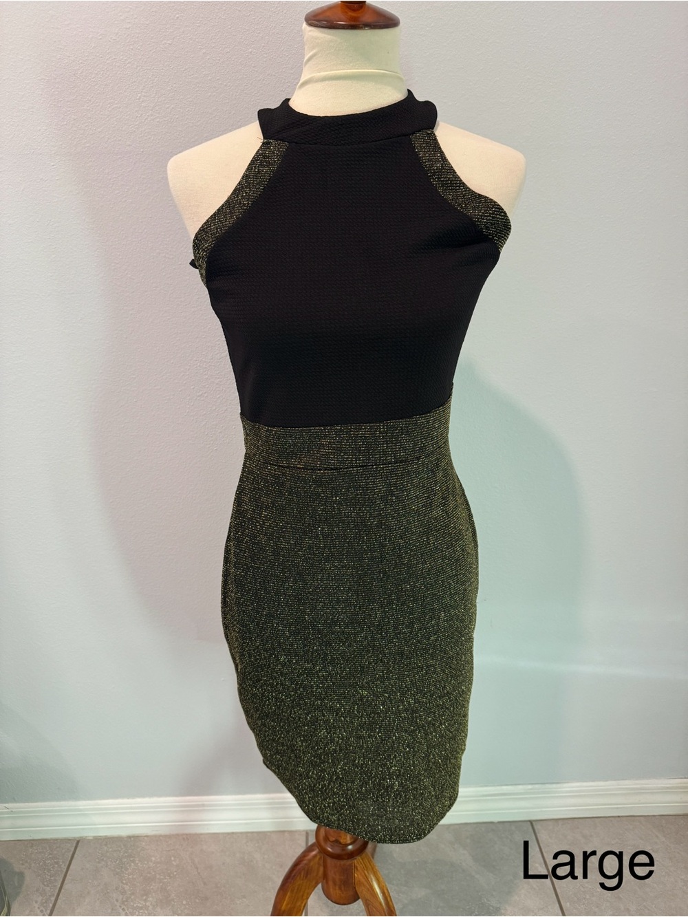 Black and Gold Halter Sheath Dress - Large
